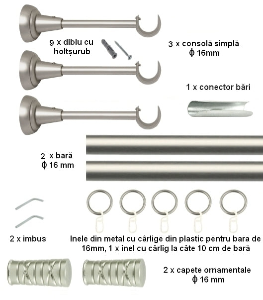 Galerie Metalică Striat, simplă, clasică, cu inele, 16mm, satin nichel (argintiu mat)