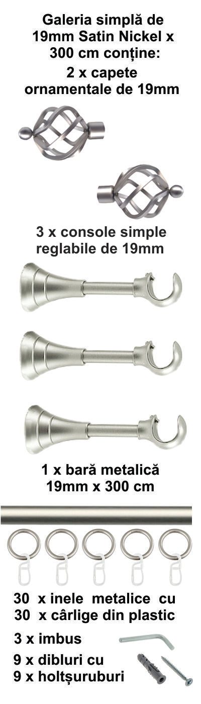 Galerie Metalică Torso, simplă, clasică, cu inele, 19mm, satin nichel (argintiu mat)