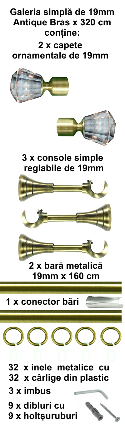 Galerie Metalică Cristal, simplă, clasică, cu inele, 19mm, antique brass (auriu antic)