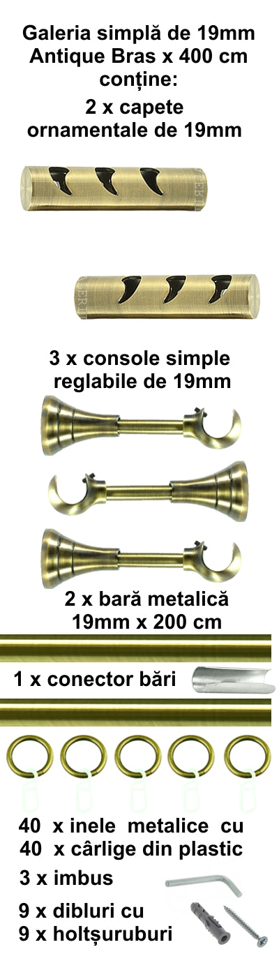 Galerie Metalică Drop, simplă, clasică, cu inele, 19mm, antique brass (auriu antic)