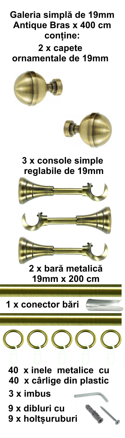 Galerie Metalică Kalisto, simplă, clasică, cu inele, 19mm, antique brass (auriu antic)