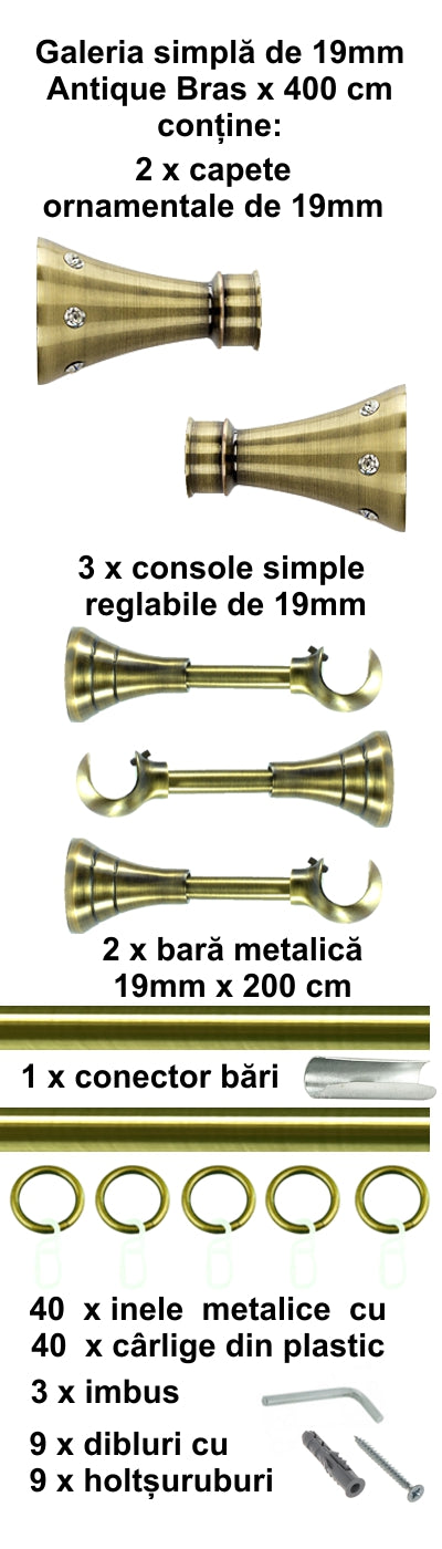 Galerie Metalică Sigma, simplă, clasică, cu inele, 19mm, antique brass (auriu antic)