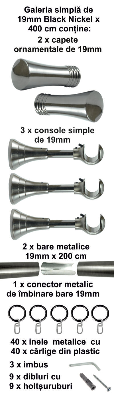 Galerie Metalică Ahile, simplă, clasică, cu inele, 19mm, Black Nickel