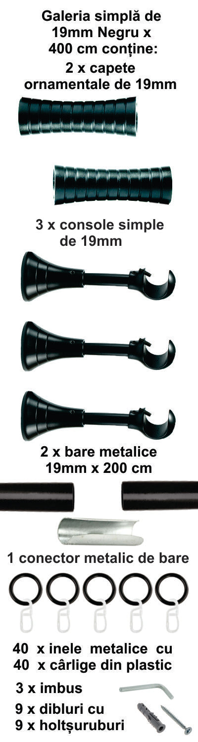 Galerie Metalică Febris, simplă, clasică, cu inele, 19mm, Negru