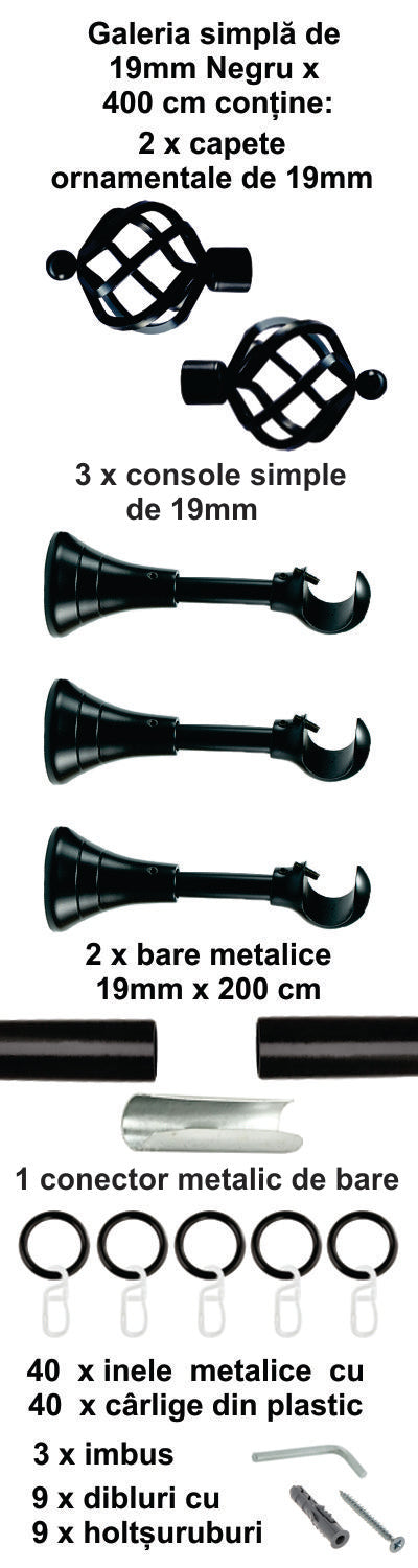 Galerie Metalică Torso, simplă, clasică, cu inele, 19mm, Negru