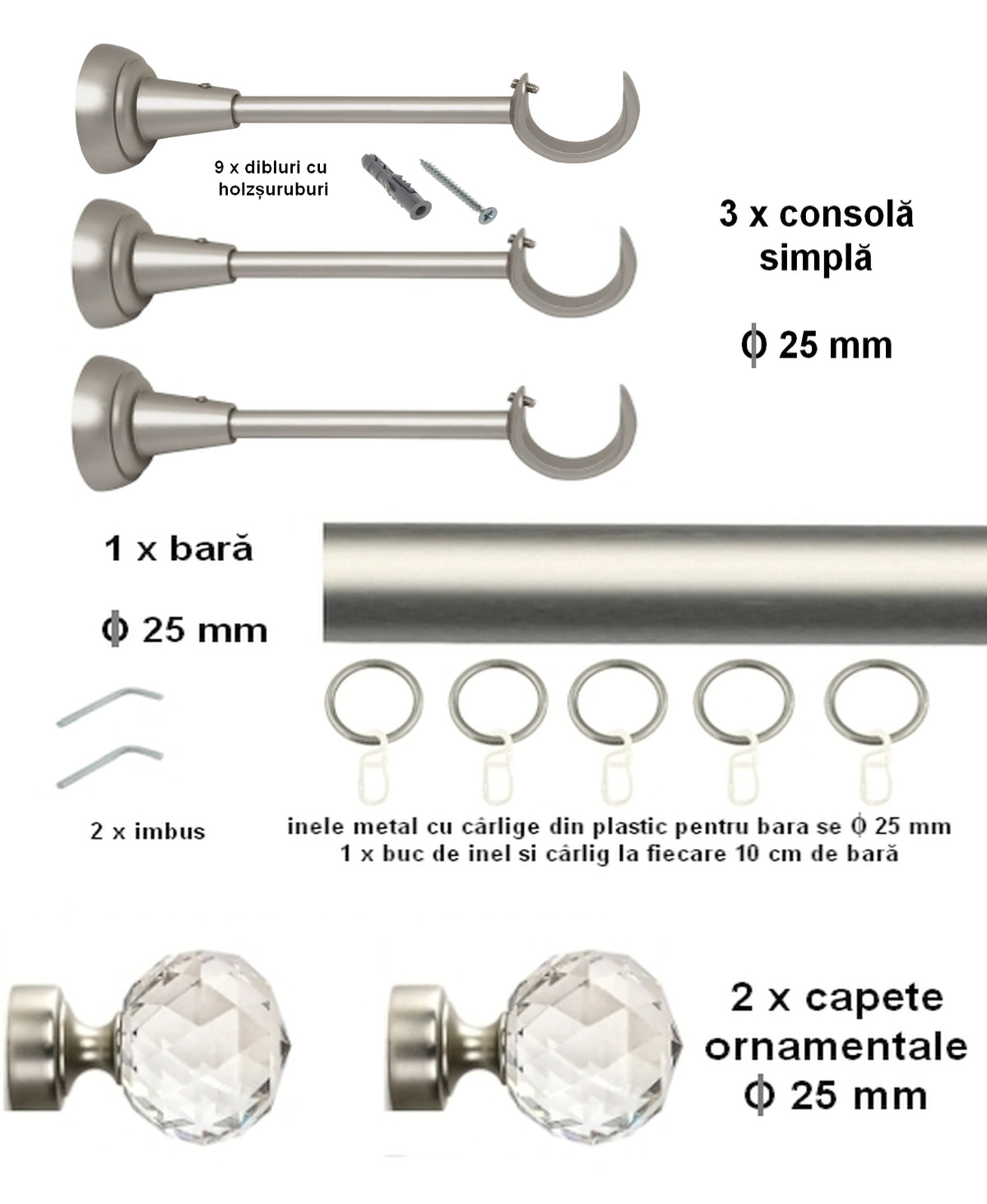 Galerie Metalică CRISTAL, simplă, clasică, cu inele, 25mm, satin nichel (argintiu mat)