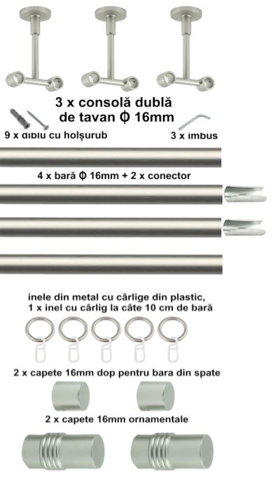 Galerie Metalică Celtex, dublă, de tavan, cu inele, 16mm, satin nichel (argintiu mat)