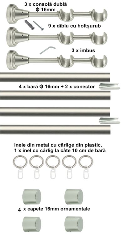 Galerie Metalică Luna, dublă, clasică, cu inele, 16mm, satin nichel (argintiu mat)