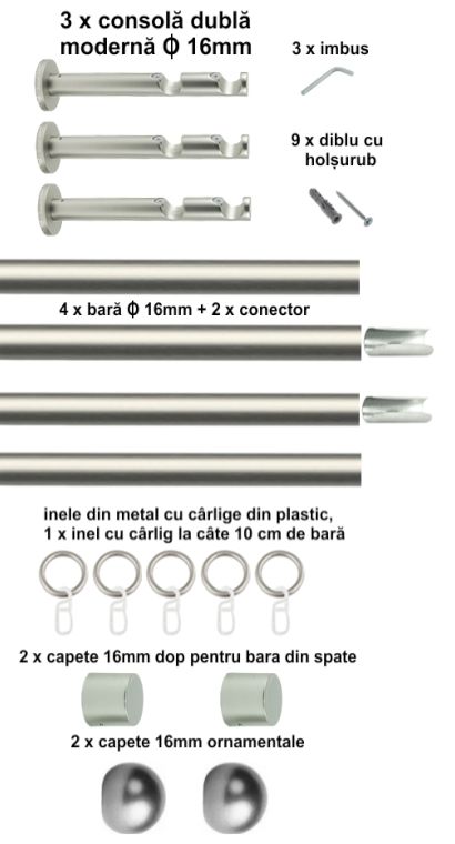 Galerie Metalică Terra, dublă, modernă, cu inele, 16mm, satin nichel (argintiu mat)