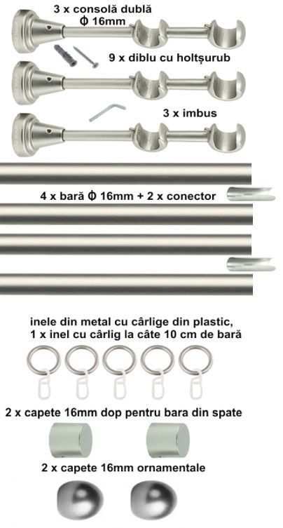 Galerie Metalică Terra, dublă, clasică, cu inele, 16mm, satin nichel (argintiu mat)