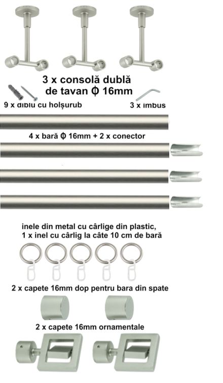Galerie Metalică Saturn, dublă, de tavan, cu inele, 16mm, satin nichel (argintiu mat)