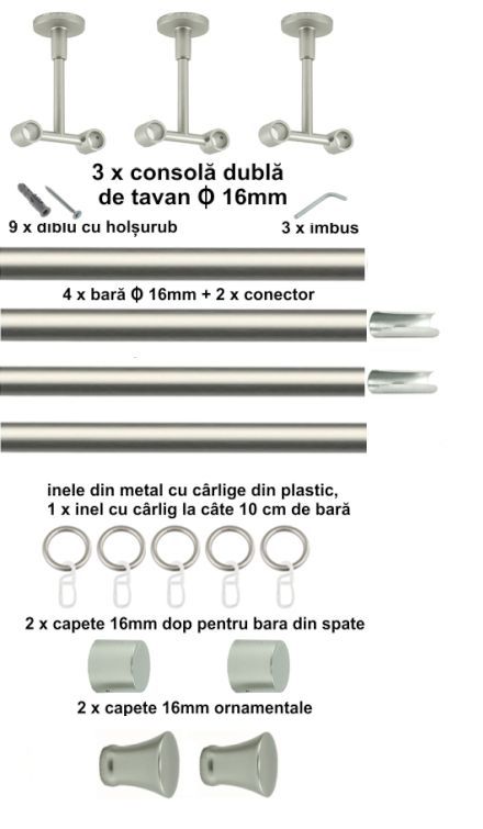 Galerie Metalică Monaco, dublă, de tavan, cu inele, 16mm, satin nichel (argintiu mat)