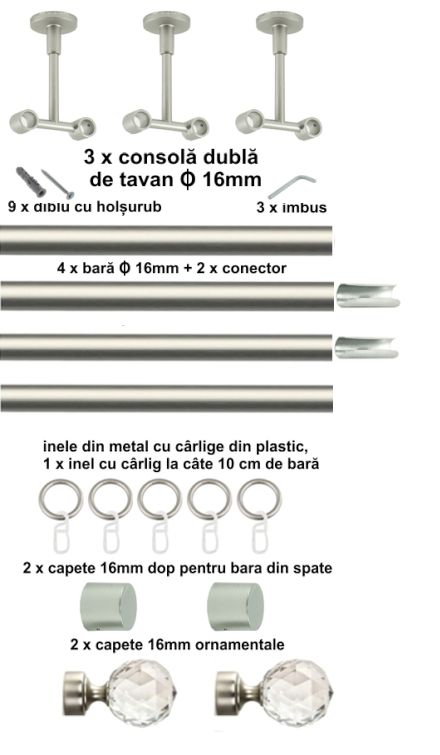 Galerie Metalică Cristal, dublă, de tavan, cu inele, 16mm, satin nichel (argintiu mat)