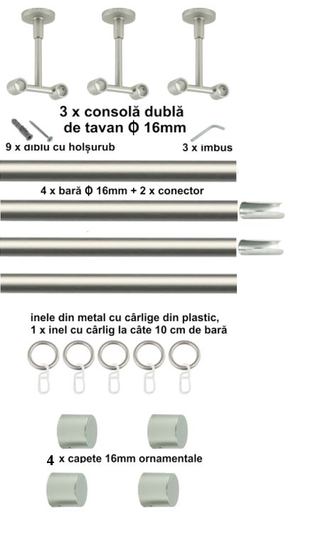 Galerie Metalică Luna, dublă, de tavan, cu inele, 16mm, satin nichel (argintiu mat)