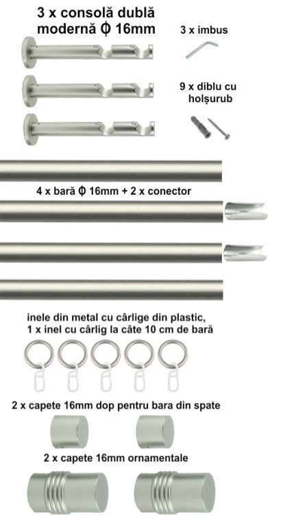 Galerie Metalică Celtex, dublă, modernă, cu inele, 16mm, satin nichel (argintiu mat)