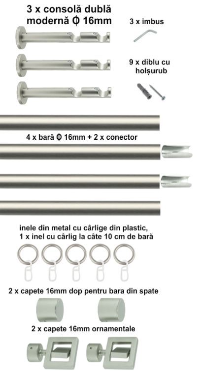 Galerie Metalică Saturn, dublă, modernă, cu inele, 16mm, satin nichel (argintiu mat)