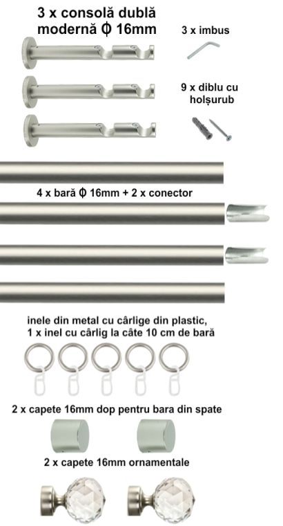 Galerie Metalică Cristal, dublă, modernă, cu inele, 16mm, satin nichel (argintiu mat)