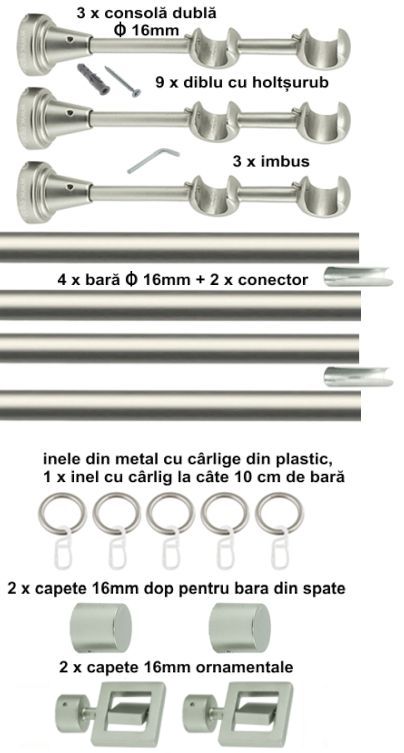 Galerie Metalică Saturn, dublă, clasică, cu inele, 16mm, satin nichel (argintiu mat)
