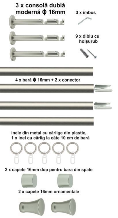 Galerie Metalică Monaco, dublă, modernă, cu inele, 16mm, satin nichel (argintiu mat)