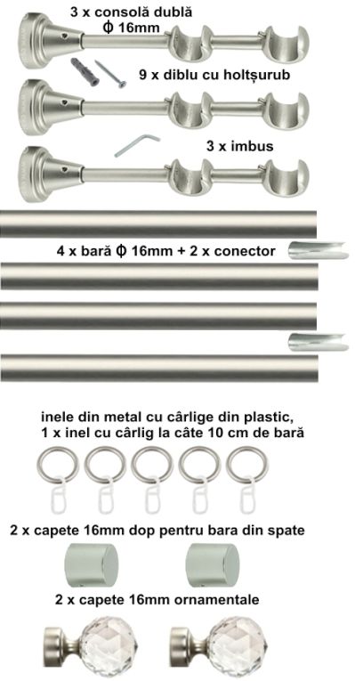 Galerie Metalică Cristal, dublă, clasică, cu inele, 16mm, satin nichel (argintiu mat)