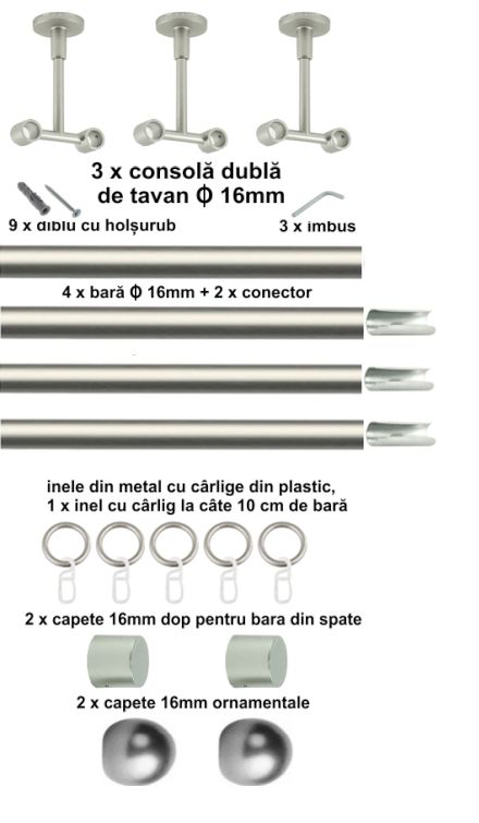 Galerie Metalică Terra, dublă, de tavan, cu inele, 16mm, satin nichel (argintiu mat)