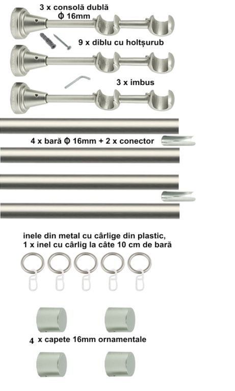 Galerie Metalică Luna, dublă, clasică, cu inele, 16mm, satin nichel (argintiu mat)
