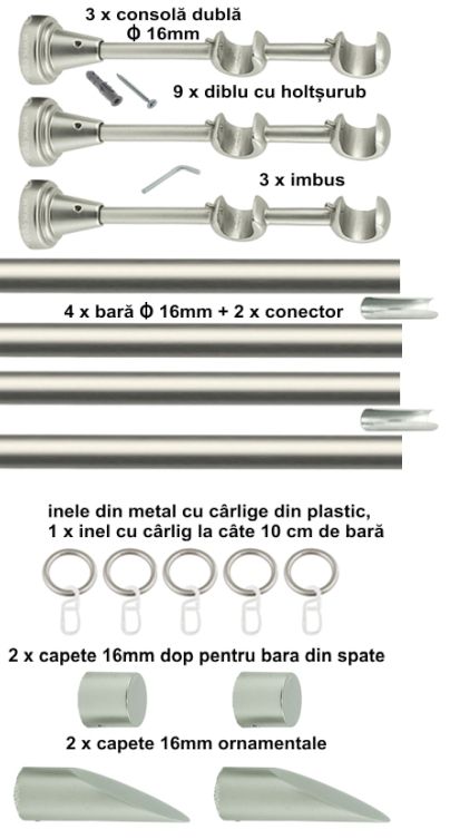 Galerie Metalică Alexia, dublă, clasică, cu inele, 16mm, satin nichel (argintiu mat)