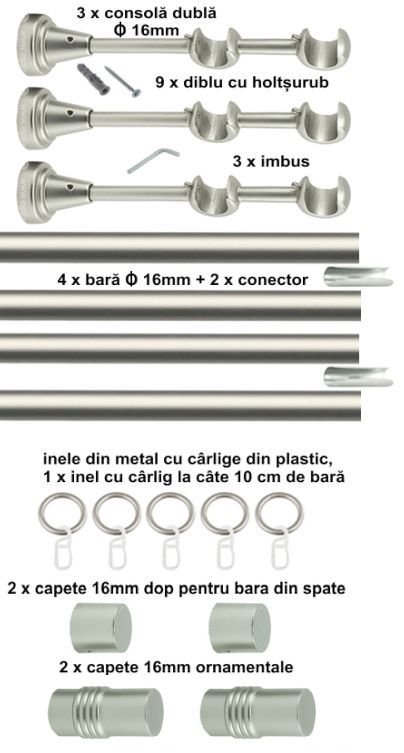 Galerie Metalică Celtex, dublă, clasică, cu inele, 16mm, satin nichel (argintiu mat)