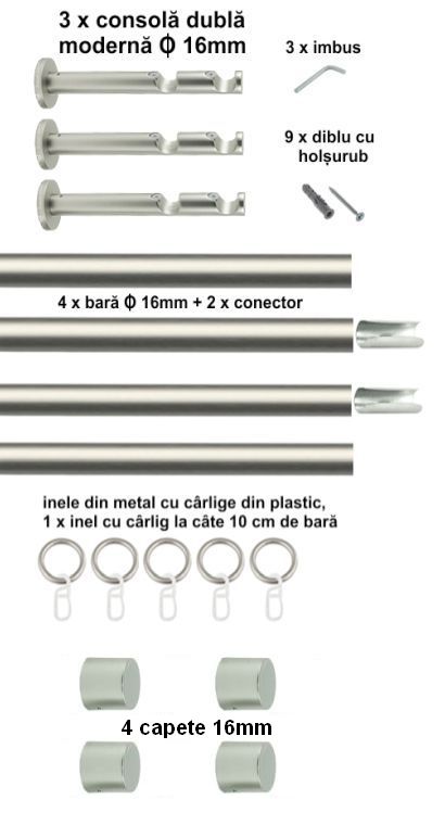 Galerie Metalică Luna, dublă, modernă, cu inele, 16mm, satin nichel (argintiu mat)
