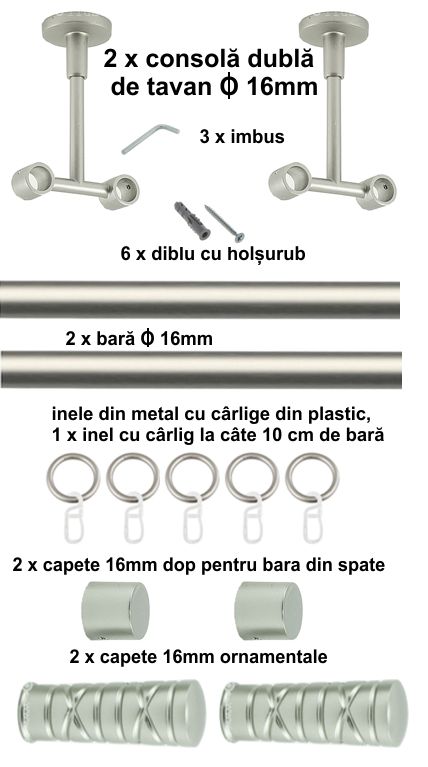 Kit dublu de tavan Cilindric Striat 16mm x 1,6m, satin nickel
