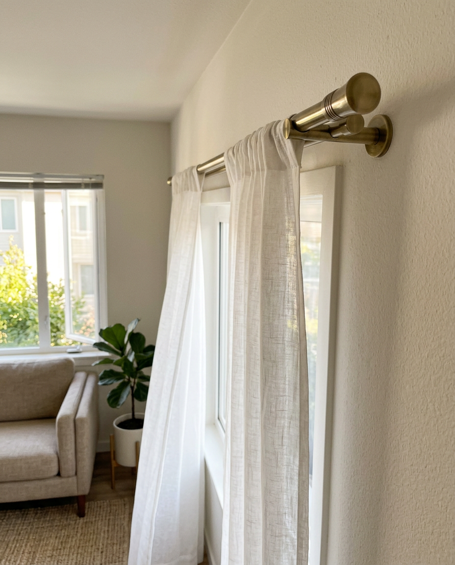 Galerie metalica Capri antique brass cu perdea din in alb