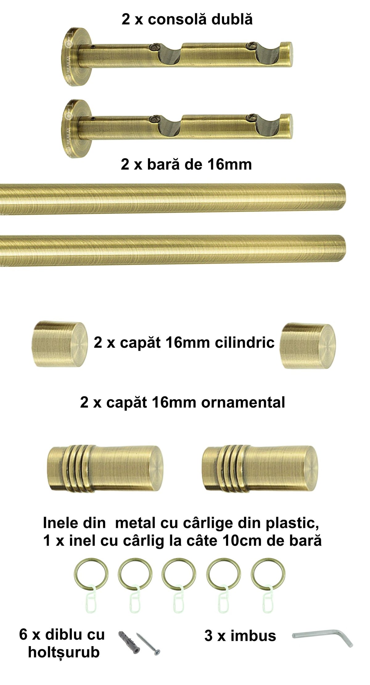 Galerie Metalică Celtex, dublă, modernă, cu inele, 16mm, antique brass (auriu antic)