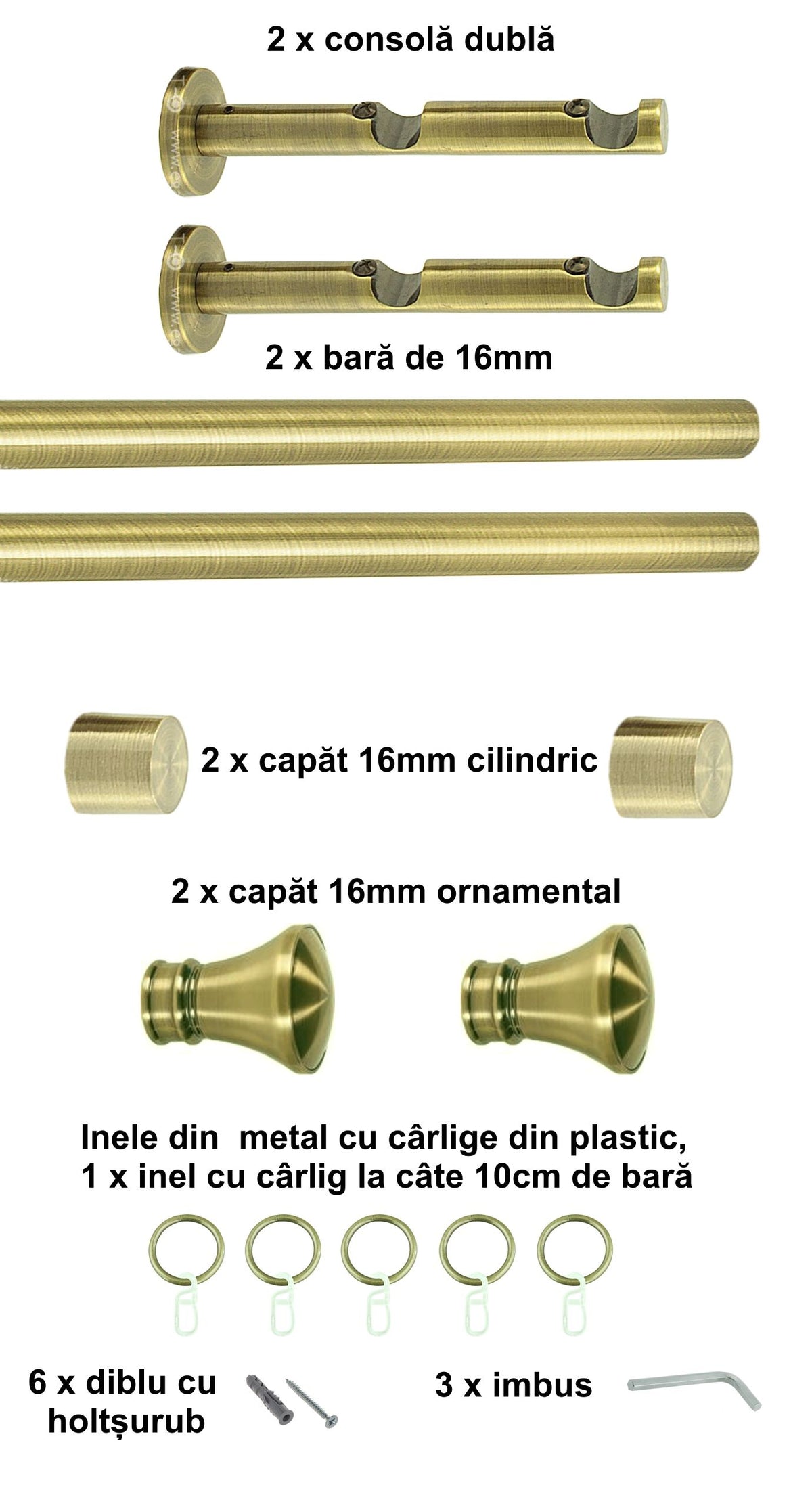 Galerie Metalică Conic, dublă, modernă, cu inele, 16mm, antique brass (auriu antic)