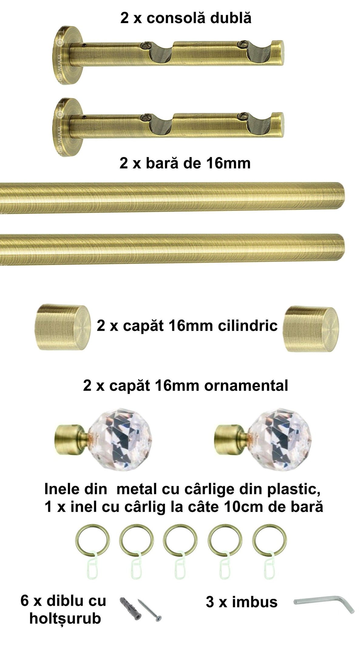 Galerie Metalică Cristal, dublă, modernă, cu inele, 16mm, antique brass (auriu antic)