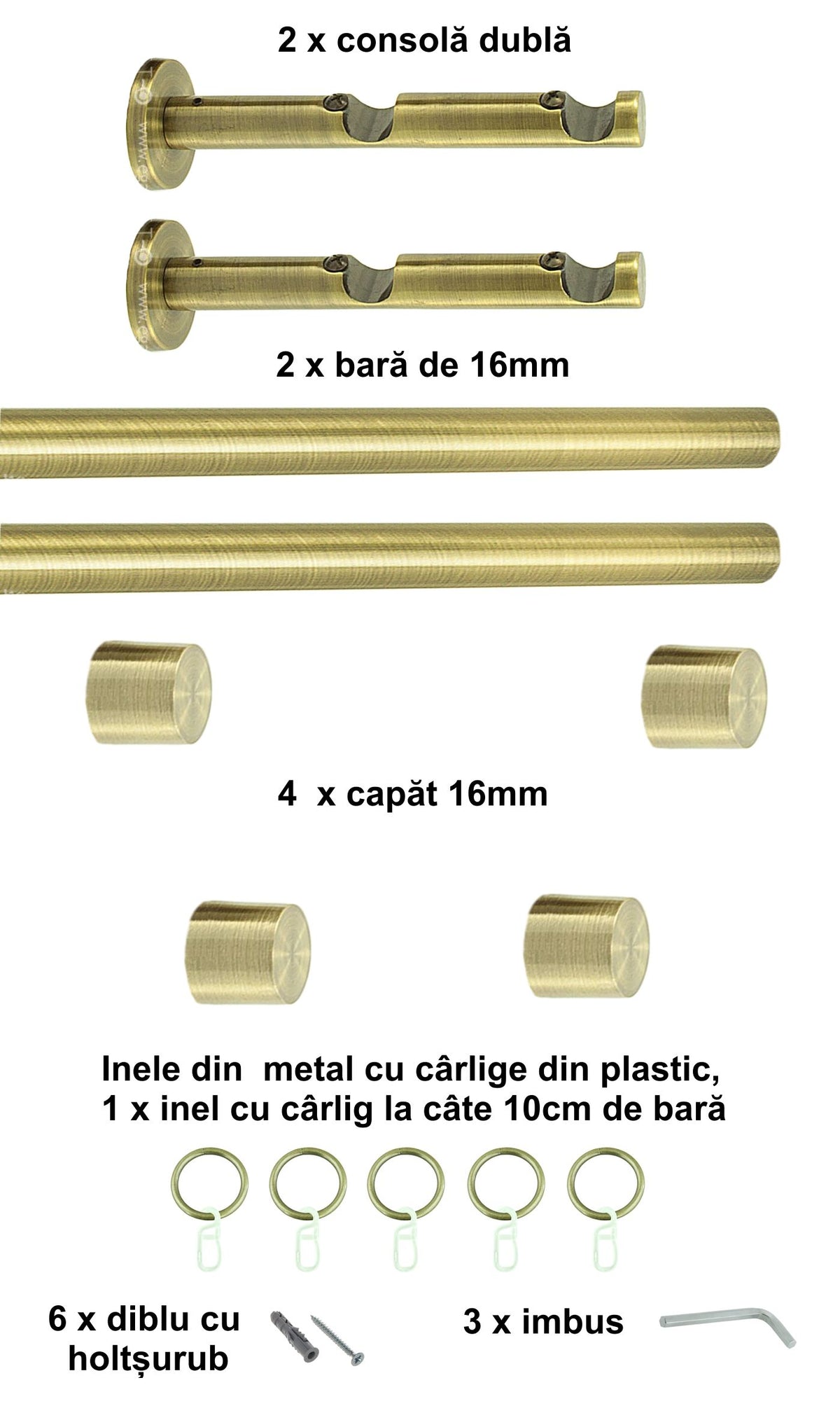Galerie Metalică Luna, dublă, modernă, cu inele, 16mm, antique brass (auriu antic)
