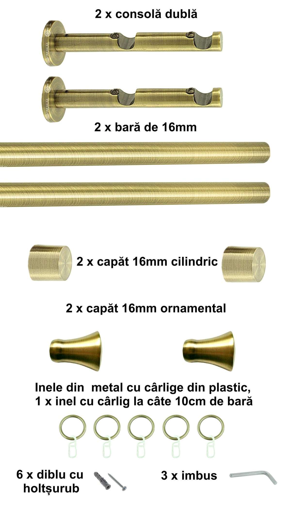 Galerie Metalică Monaco, dublă, modernă, cu inele, 16mm, antique brass (auriu antic)