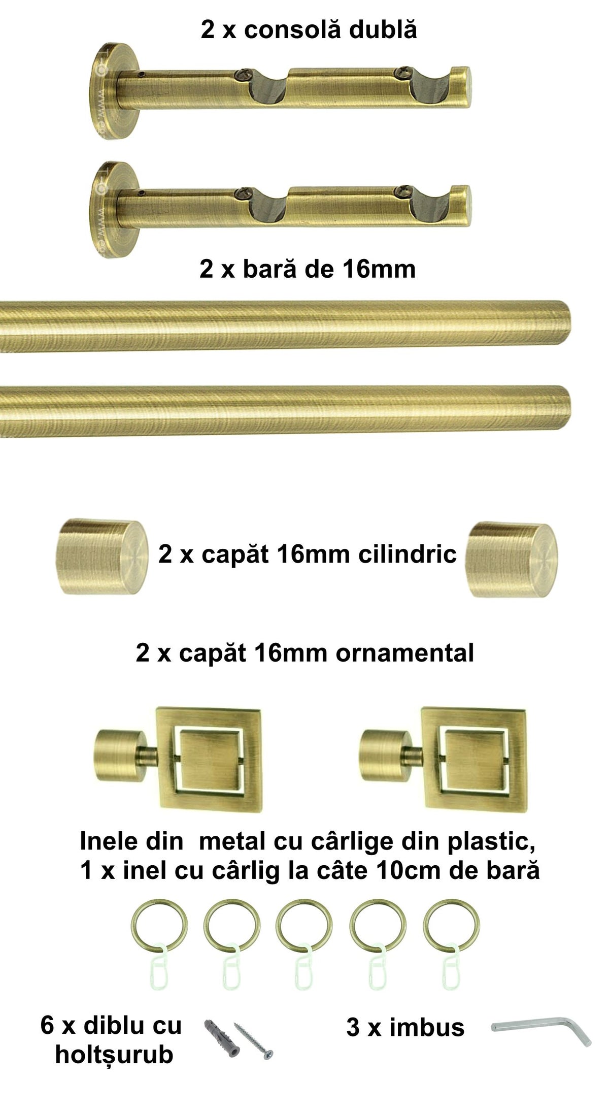 Galerie Metalică Saturn, dublă, modernă, cu inele, 16mm, antique brass (auriu antic)