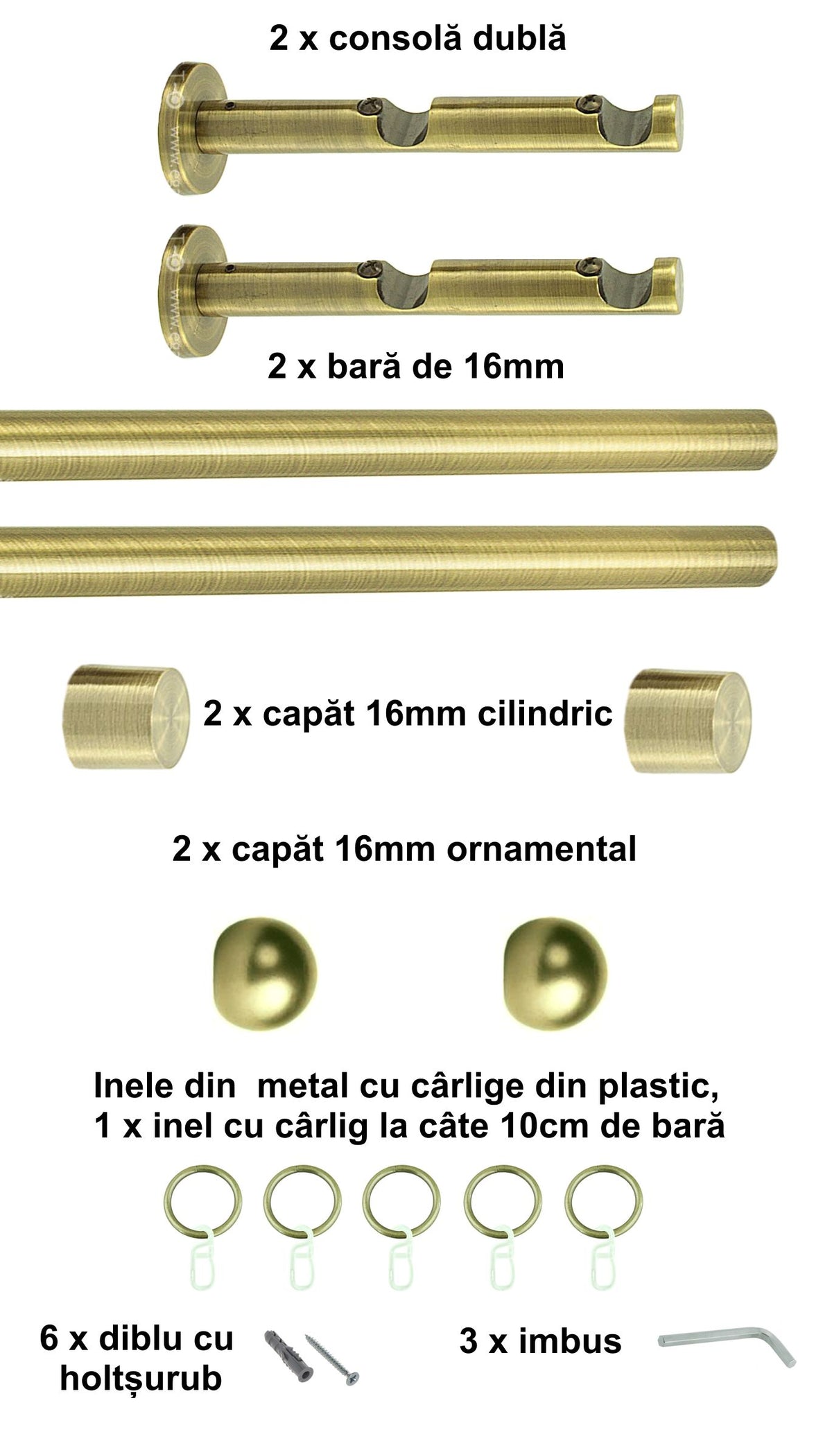 Galerie Metalică Terra, dublă, modernă, cu inele, 16mm, antique brass (auriu antic)