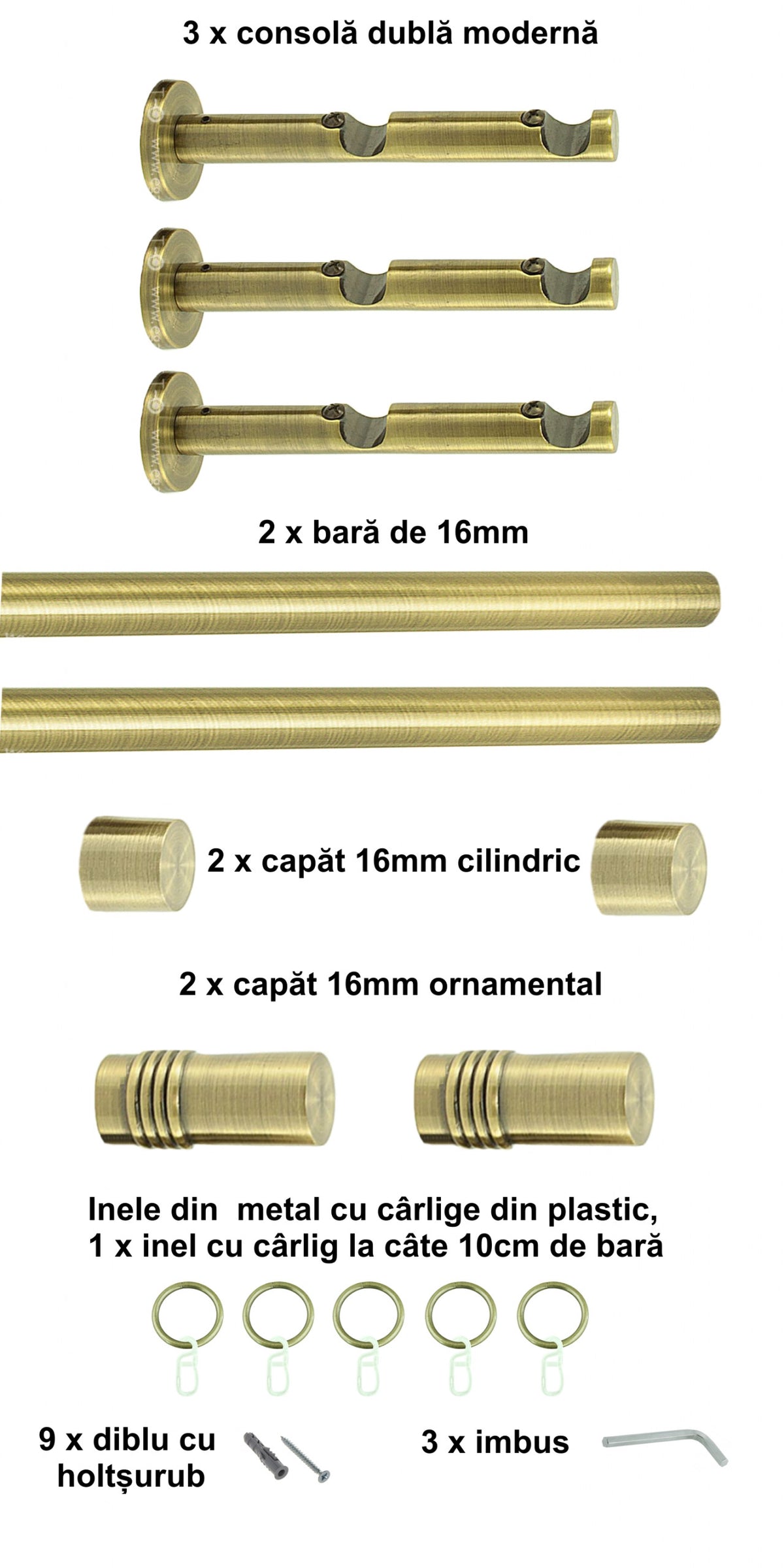 Galerie Metalică Celtex, dublă, modernă, cu inele, 16mm, antique brass (auriu antic)