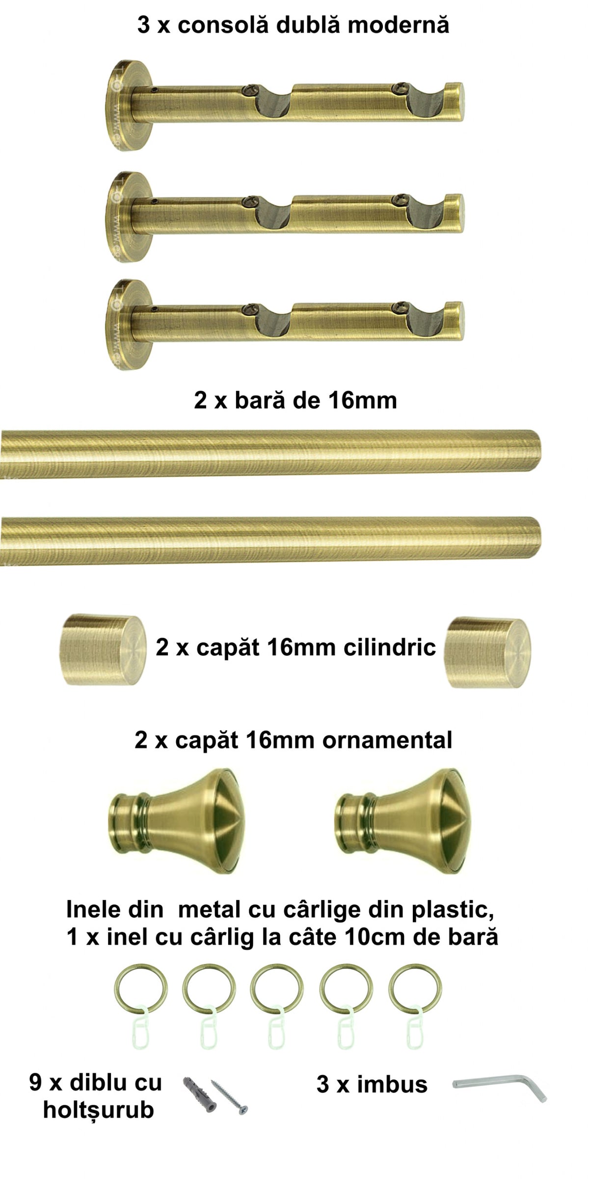 Galerie Metalică Conic, dublă, modernă, cu inele, 16mm, antique brass (auriu antic)