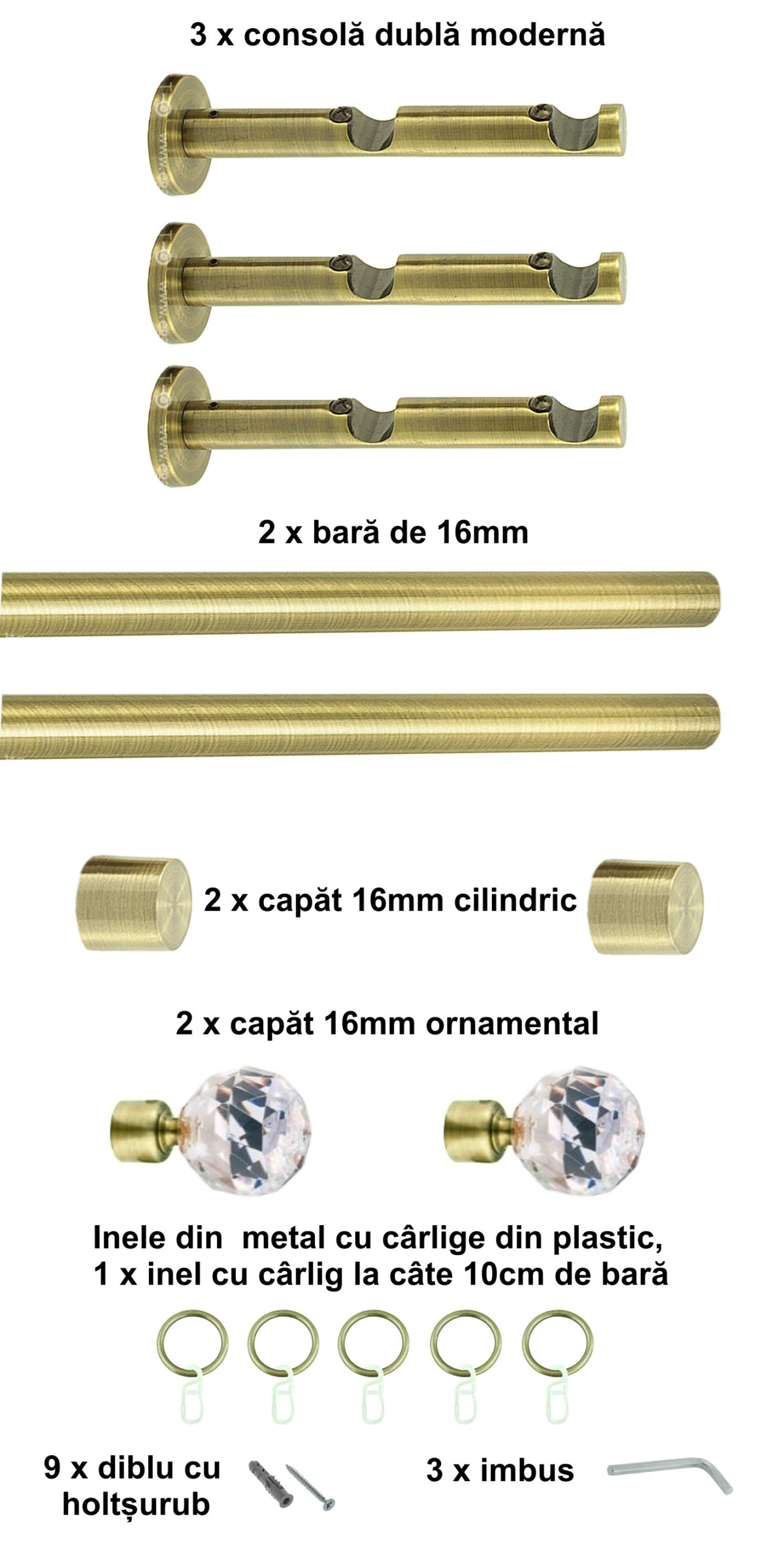 Galerie Metalică Cristal, dublă, modernă, cu inele, 16mm, antique brass (auriu antic)