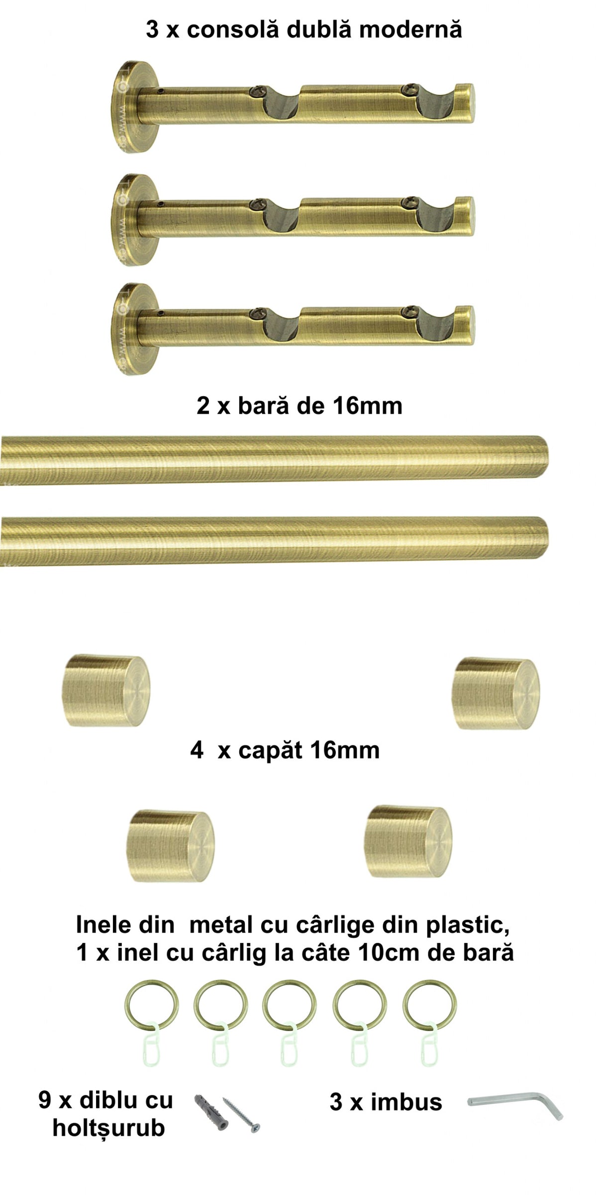Galerie Metalică Luna, dublă, modernă, cu inele, 16mm, antique brass (auriu antic)
