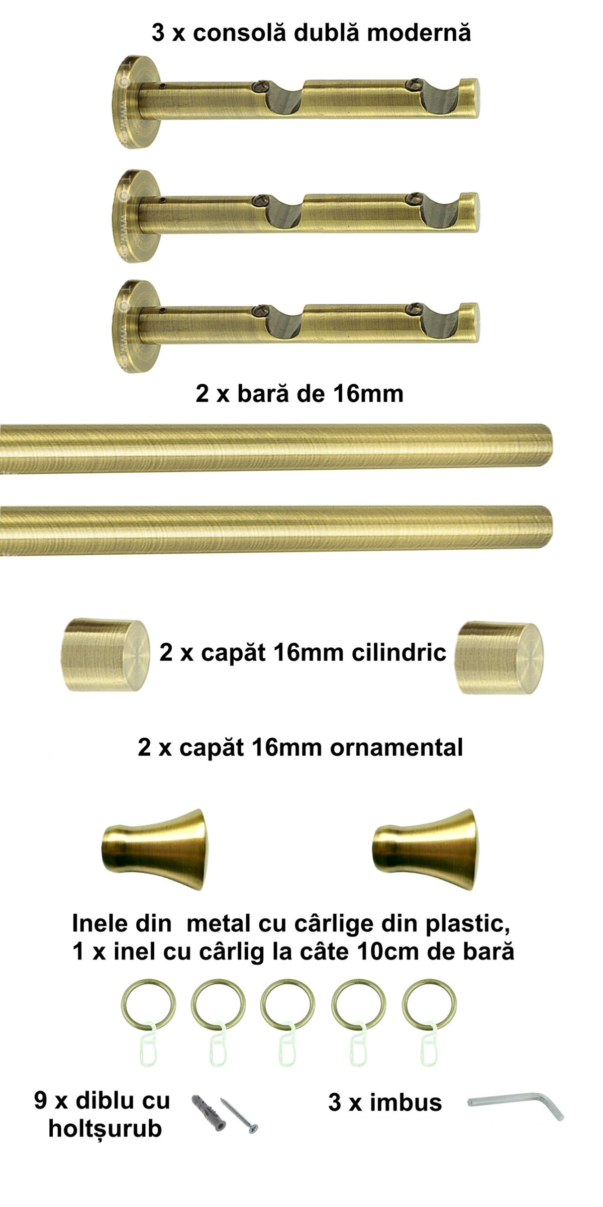 Galerie Metalică Monaco, dublă, modernă, cu inele, 16mm, antique brass (auriu antic)