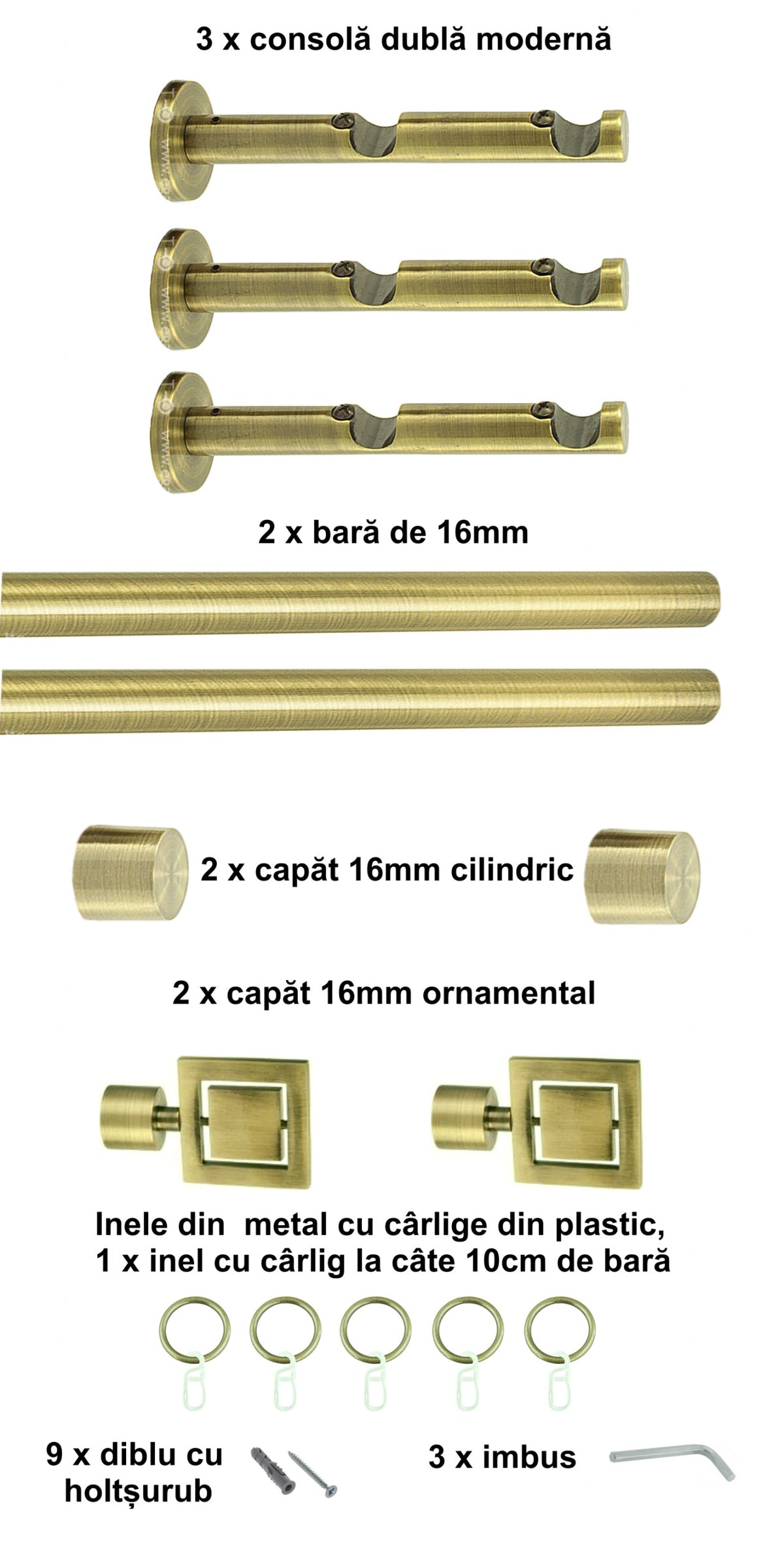 Galerie Metalică Saturn, dublă, modernă, cu inele, 16mm, antique brass (auriu antic)