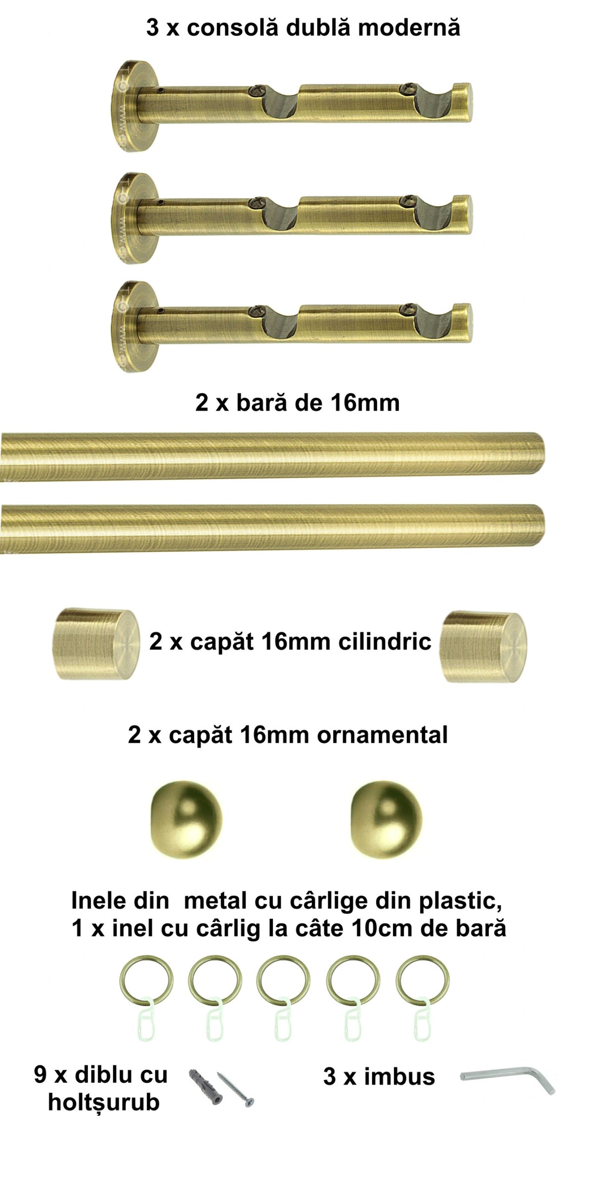 Galerie Metalică Terra, dublă, modernă, cu inele, 16mm, antique brass (auriu antic)