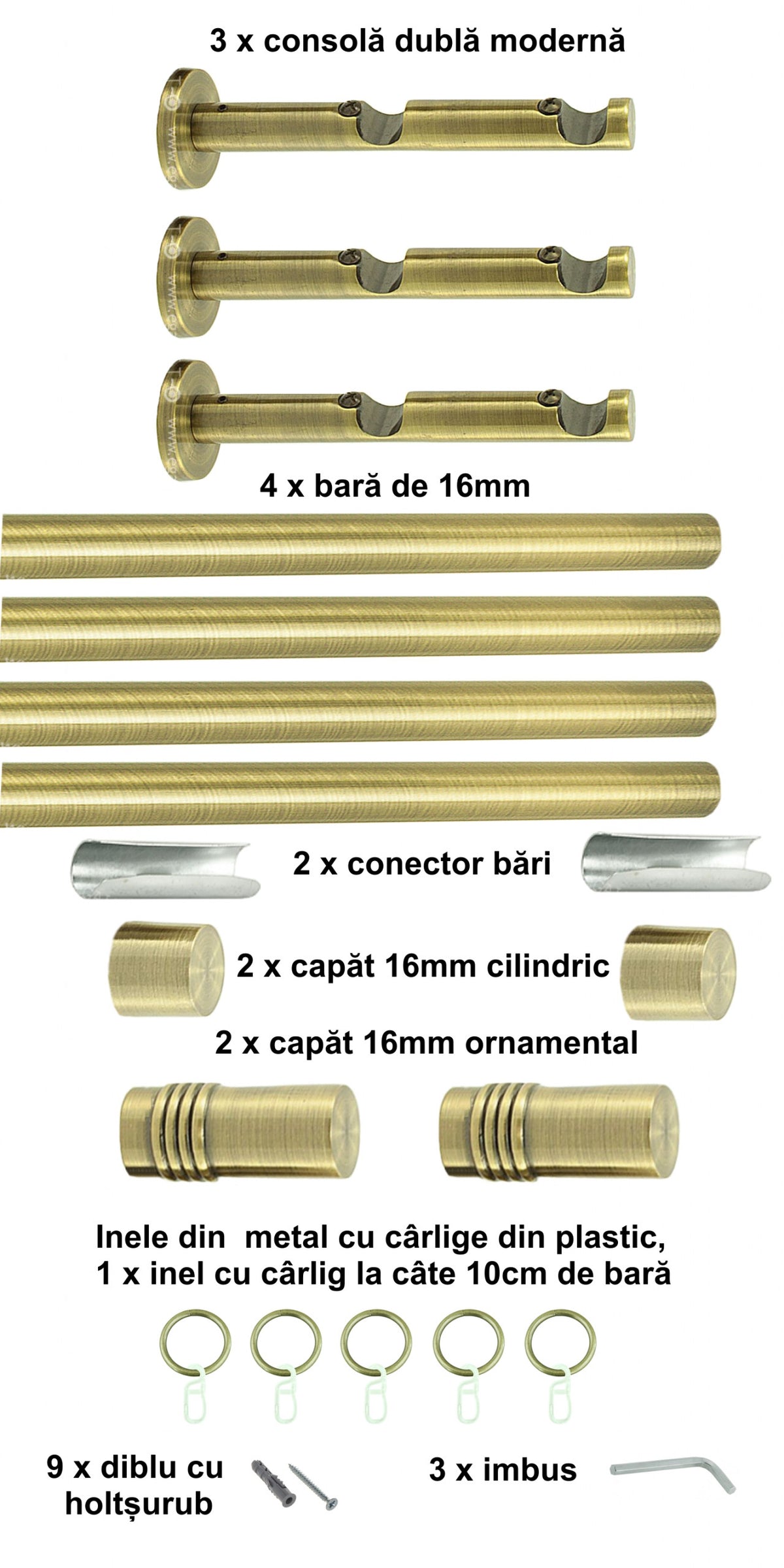 Galerie Metalică Celtex, dublă, modernă, cu inele, 16mm, antique brass (auriu antic)