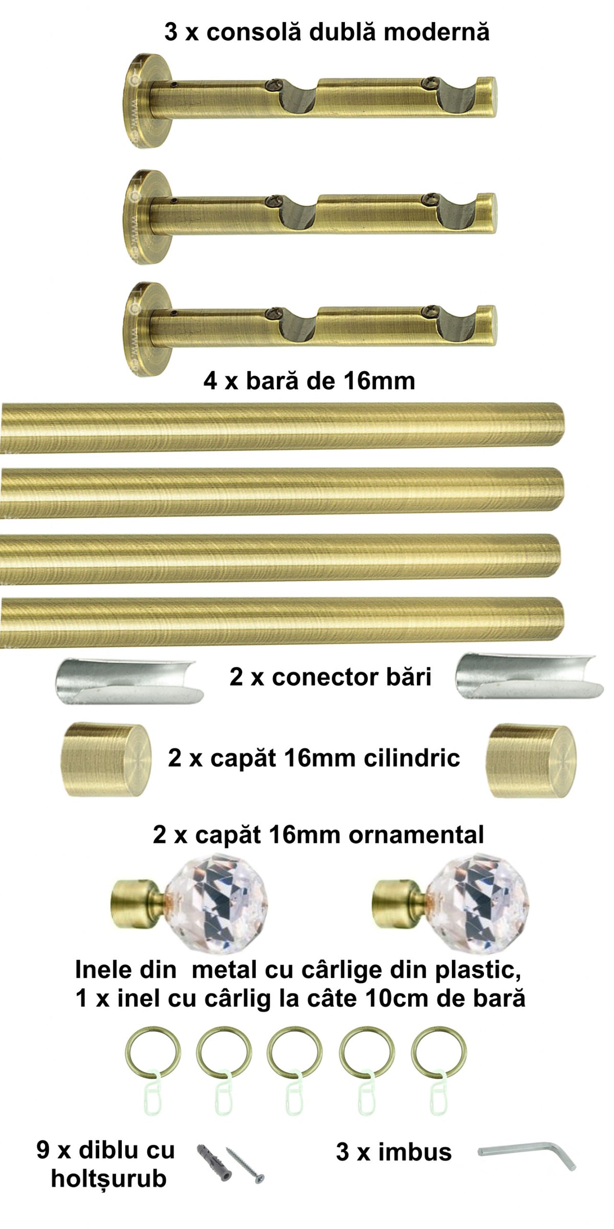 Galerie Metalică Cristal, dublă, modernă, cu inele, 16mm, antique brass (auriu antic)