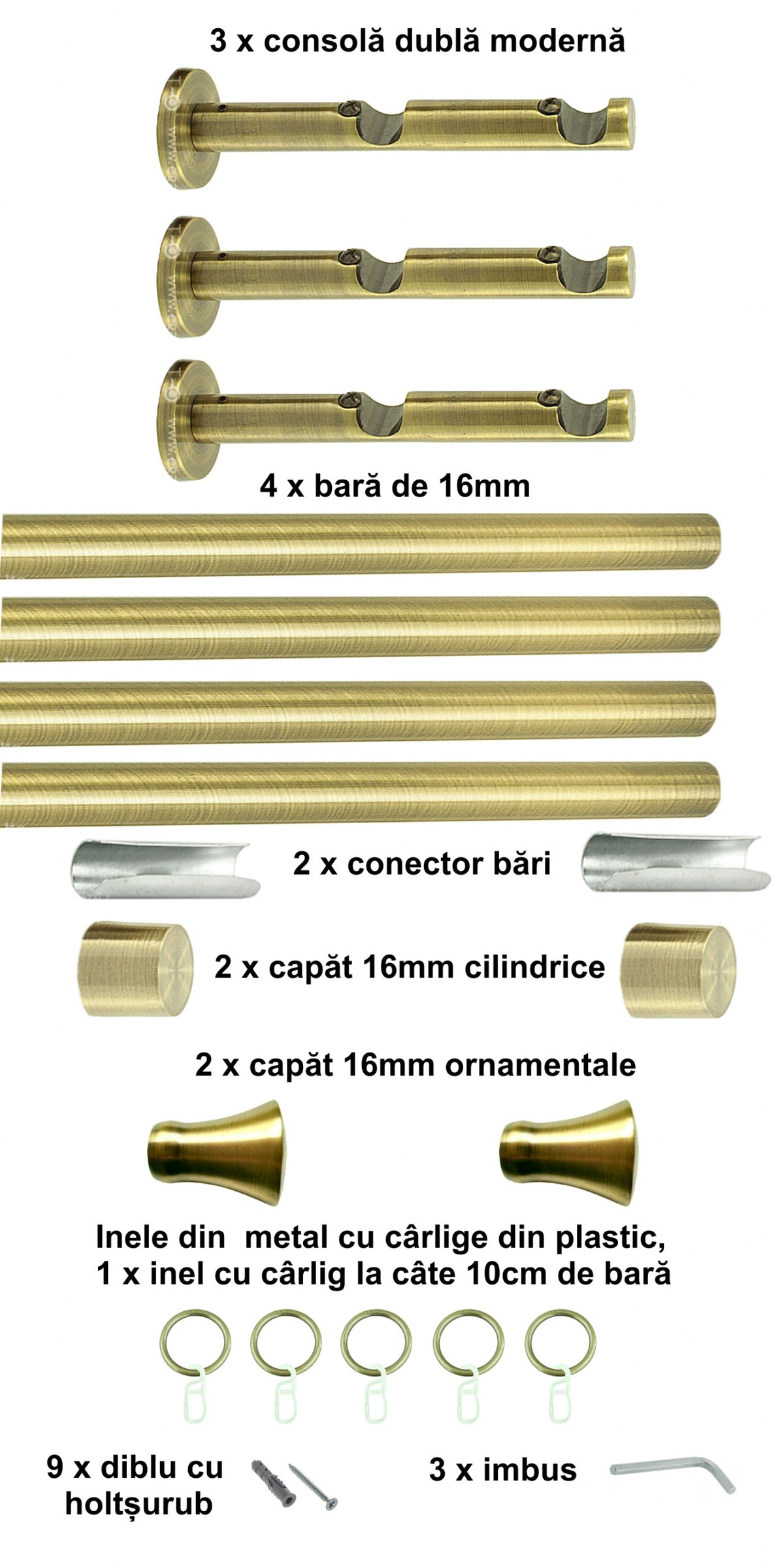 Galerie Metalică Monaco, dublă, modernă, cu inele, 16mm, antique brass (auriu antic)