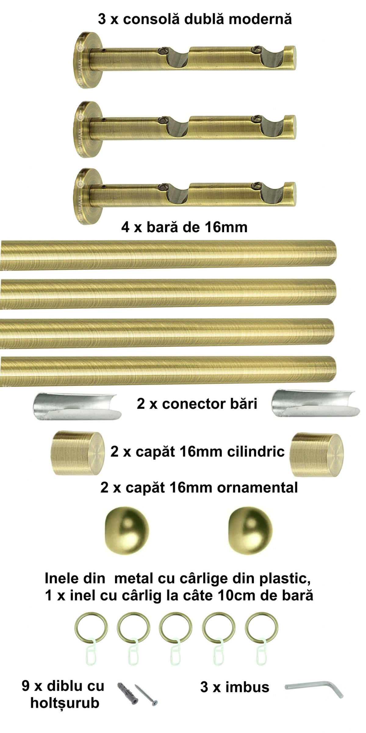 Galerie Metalică Terra, dublă, modernă, cu inele, 16mm, antique brass (auriu antic)