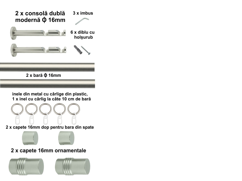 Galerie Metalică Celtex, dublă, modernă, cu inele, 16mm, satin nichel (argintiu mat)